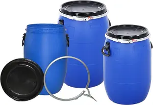 Extra Large 220 Litre Plastic Blue Open Top Storage Barrel Drum Keg with Lid & Latch Ring