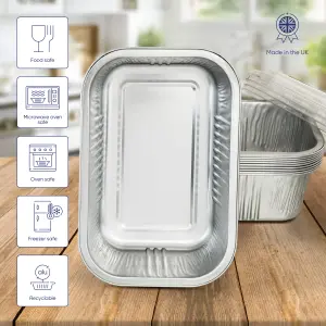 10 Pk Coppice Strong Aluminium Foil Oven Tray with Plastic Lid 20 x 13 x 7cm. Freezer, Microwave & Oven Safe