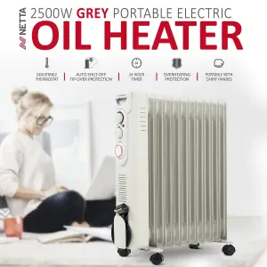 NETTA Oil Filled Radiator 2500W Portable Electric Heater with Thermostat & 24 Hour Timer - 11 Fin, Grey