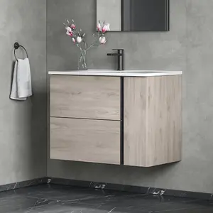 Banyetti Evora 800mm Wall Hung Basin Unit with Matt Black Handles - Iron Oak