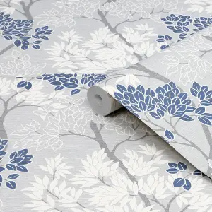 Fresco Lykke Tree Floral Navy Wallpaper