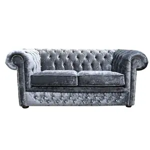 Chesterfield Crystal 2 Seater Sofa Modena Anthracite Black Velvet Fabric In Classic Style