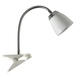 ValueLights Huey Single Gloss White and Chrome Clamp Clip On LED Desk Spotlight Table Light