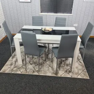 Modern White and Black Wood Dining Table With 6 Grey Faux Leather Metal Chairs