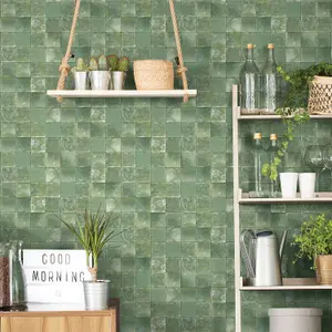 Galerie Evergreen Dark Green Aqua Tile Smooth Wallpaper