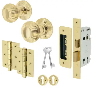 EAI Brass Door Knobs Reeded Beehive Design Lock Kit 80mm Sashlock 76mm Hinges 2 escutcheons 55mm Sprung Knobs