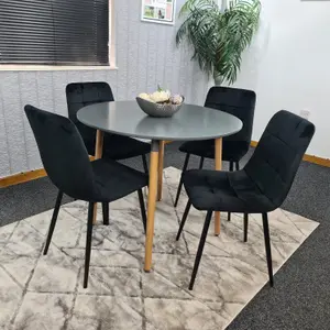 Dining Table Set Of 4 Round Grey Dining Table And 4 Black Velvet Tufted Chairs For Kitchen Room Dining Room