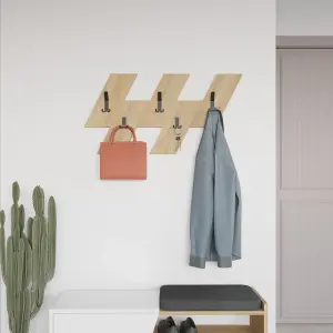 Decortie Modern Livy Wall-Mounted Hanger Oak Engineered Wood Geometric Shape with 5 Black Metal Hooks 75.2(W)x1.8(D)x45.3(H)cm