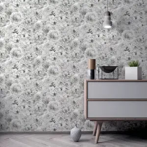 Arthouse Glitter Bloom Silver Wallpaper