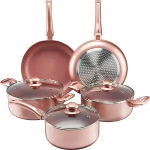 8 Piece Rose Gold Kitchen Cookware Set - Dishwasher Safe Aluminium Pots & Pans Set with Non-Stick Coating - Suitable for All Hobs