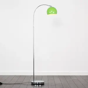 ValueLights Designer Style Chrome Stem Floor Lamp With Green Arco Style Metal Dome Light Shade With LED GLS Bulb in Warm White