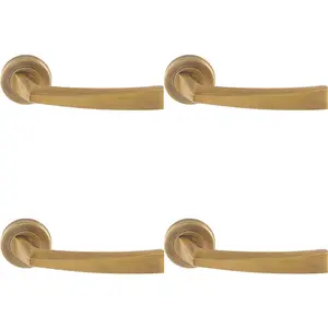 4 PACK - Premium Geometric Slim Door Handle Set - Antique Bass Designer Lever Round Rose