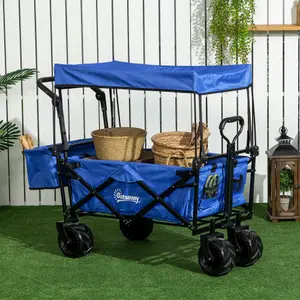 Outsunny Outdoor Push Pull Wagon Stroller Cart w/ Canopy Top Blue