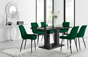 Imperia Black High Gloss 6 Seater Dining Table with Structural 2 Plinth Column Legs 6 Black Velvet Black Leg Pesaro Chairs