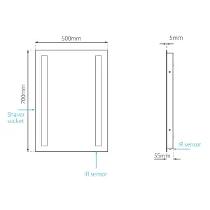 Sensio Kai Rectangular Wall-mounted Bathroom Illuminated Mirror (H)70cm (W)50cm