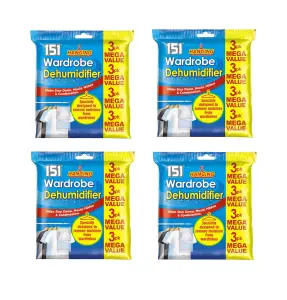 4 x Hanging Wardrobe Dehumidifier Bags Moisture Trap Crystals Pack of 3 Damp control