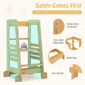 COSTWAY Kitchen Step Stool for Toddlers Bamboo Kids Standing Tower with Safety Rail