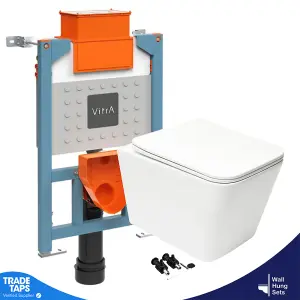 White Square Rimless Wall Hung Toilet WC Pan & Slim Seat