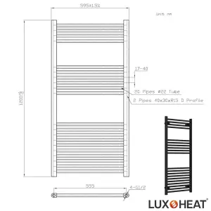 Towel Radiator Rail 1200 x 600 for Central Heating with Black Finish