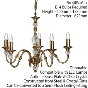 Diana Ceiling Pendant Chandelier Antique Brass & K9 Crystal Curved 5 Lamp Light