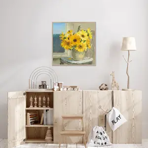 Sunflowers By The Sea Crop Light by Danhui Nai - Painting Natural Wood Framed Paper Print / 122cm H x 122cm W