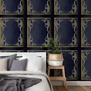 Paul Moneypenny Rococo Panel Navy Textured Vinyl Wallpaper Modern Paste The Wall