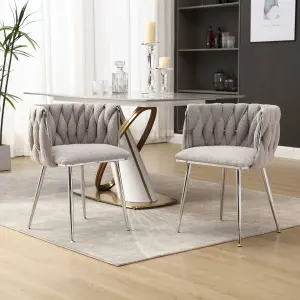 Pair of Modern Hand Weaving Dining Chairs Upholstered Side Chairs Kitchen Chairs with Armrest for Dining Room Grey