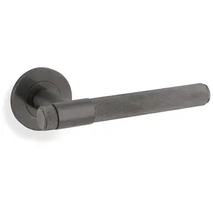 SOLID BRASS Knurled Door Handle Set - Dark Bronze Bar Lever On Round Rose