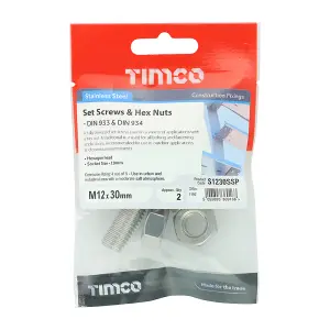 Timco - Set Screws & Hex Nuts - Stainless Steel (Size M12 x 30 - 2 Pieces)