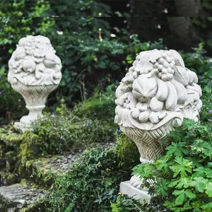 PAIR Giant Vase of Fruit Design Ornaments or Pillar Tops Very Heavy and Detailed