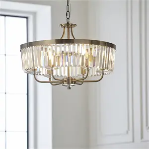 Multi Arm Hanging Ceiling Pendant Light - Antique Brass Plate & Clear Cut Glass Shade - 6 x 6W LED E14