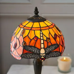 Tiffany Glass Table Lamp Light Dark Bronze Base & Orange Dragonfly Shade i00195