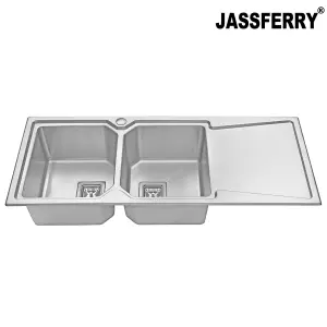 JASSFERRY Brilliant Inset Kitchen Sink 1.2 mm Stainless Steel Double Bowl Right Hand Drainer Square Strainer Plug