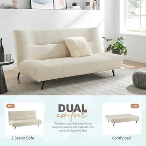 Cirrus 2 Seater Sofa Bed Click Clack Boucle Fluffy Cream Day Bed