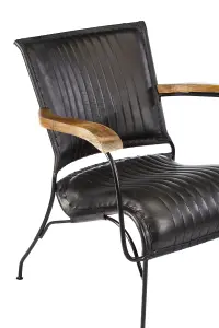 Elm Home And Garden Black Genuine Leather Metal Arm Accent Chair H68 x W75 x D75cm