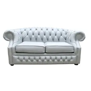 Chesterfield 2 Seater Sofa Shelly Silver Grey Leather In Buckingham Style