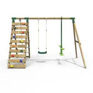 Rebo Wooden Swing Set with Up and Over Climbing Wall - Isla Green