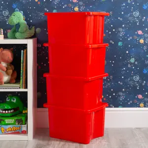 Wham 4x Stack & Store 24L Red Plastic Storage Boxes. Home, Office, Classroom, Playroom, Toys, Books. L42 x W32 x H25cm