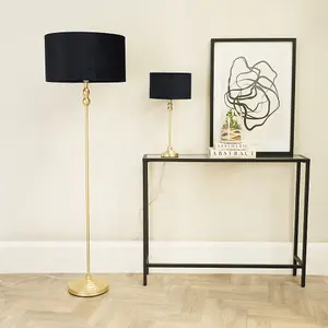 ValueLights Maggie Gold Candlestick Floor Lamp with Black Velvet Lamp Shade and LED Bulb