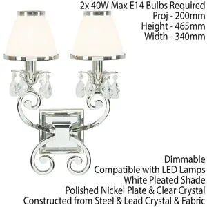 Esher Luxury Twin Curved Arm Traditional Wall Light Nickel Crystal White Shade