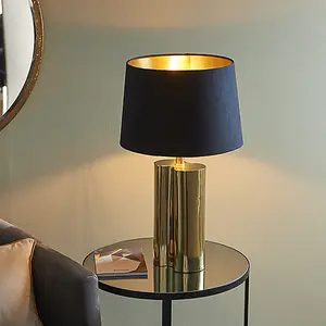 Luminosa Calan Table Lamp Gold Effect Plate, Black Cotton Fabric Shade