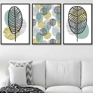 Set of 3 Mid Century Floral Pattern in Yellow and Blue Wall Art Prints / 50x70cm / Black Frame