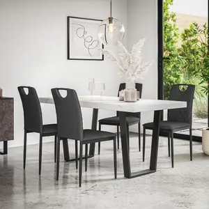 Aria Dining Table And Chairs -  White Marble Effect Table Top w Black Legs + Monza Linen Dining Chair Set Of 4 (Charcoal)