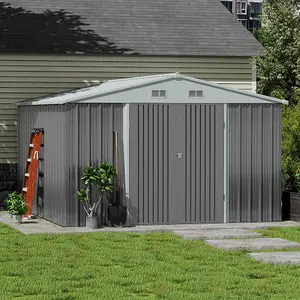 10 x 10 ft Grey Apex Metal Garden Storage Shed Outdoor Storage Shed with Lockable Double Door