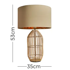 ValueLights Hollins Contemporary Large Natural Rattan Cylinder Table Lamp with Beige Gold Cylinder Shade