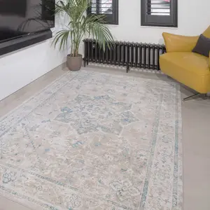 Blue Grey Floral Traditional Medallion Distressed Living Area Rug 120x170cm