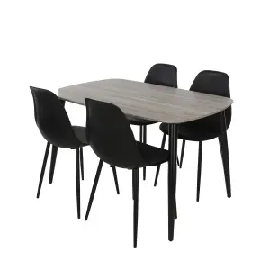 Core Products Aspen Grey Oak Effect 120cm Rectangular Dining Table with 4 Black Plastic Curve Design Chairs