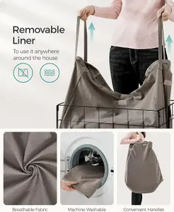 SONGMICS Laundry Basket, Collapsible Washing Basket, Laundry Hamper, Removable and Washable Liner, Black and Camel Brown