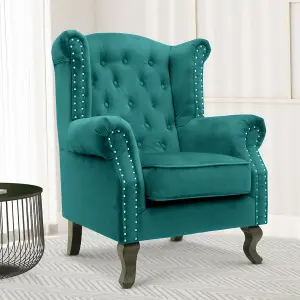 Velvet Wing Back Fireside Henley Chair Armchair with Buttons Teal Turquoise