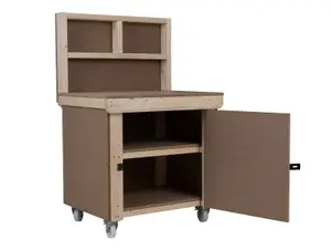 Wooden MDF Top Workbench With Lockable Cupboard (V.9) (H-90cm, D-70cm, L-90cm) with back panel, double shelf and wheels